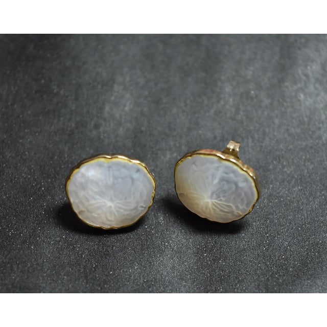 14k Gold Kabana Carved Mother of Pearl Sand Dollar Pierced Post Earrings, A Pair For Sale - Image 11 of 15