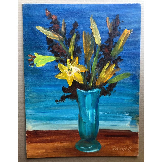 Yellow flowers in blue vase still life by gay photographer George Daniell (1911-2002). Oil on canvas board, probably...