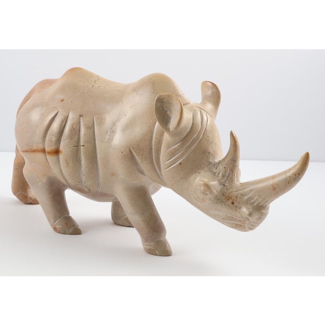 Hollywood Regency Hand-Carved Stone Rhino Sculpture – Heavy Decorative Animal Figure, Natural Veining For Sale - Image 3 of 8