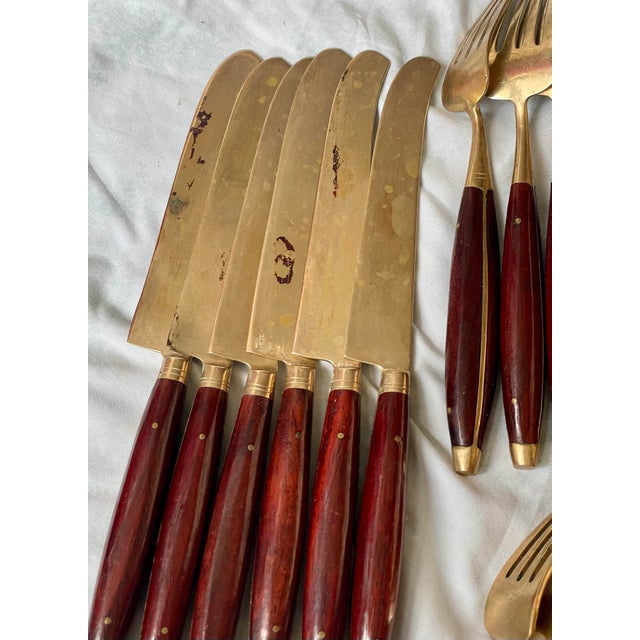 Mid 20th Century Brass & Rosewood Flatware Set for 6 Knives Forks Spoons 24 PCS Silverware For Sale - Image 11 of 12