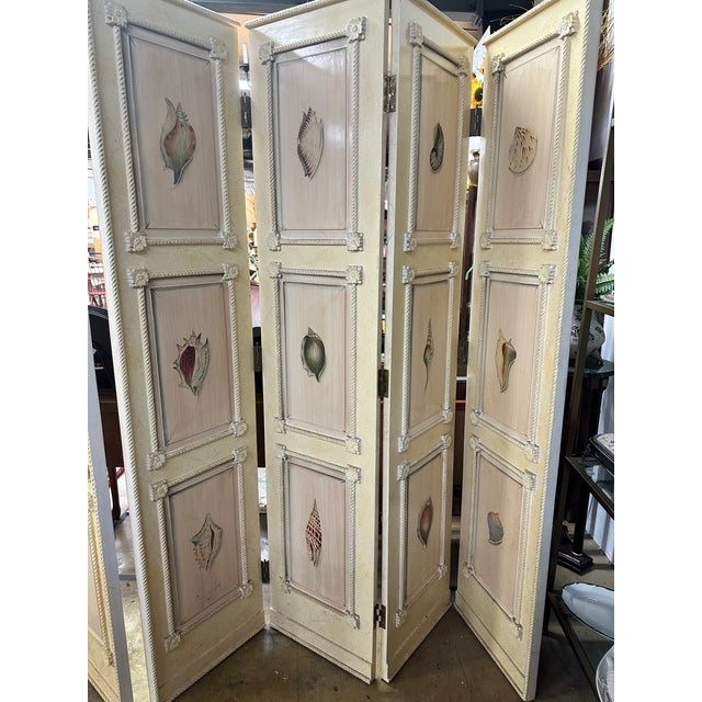 Traditional 1980s Regency Hand-Painted Four Panel Folding Screens With Shell Motifs - A Pair For Sale - Image 3 of 11