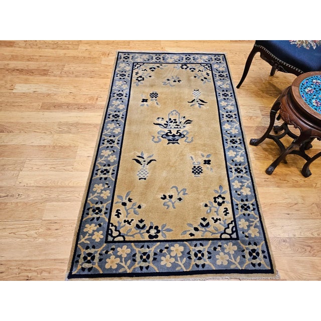 Vintage Chinese Art Deco Rug, Hand-Knotted Wool, Tan & Blue, 1900s For Sale - Image 11 of 12
