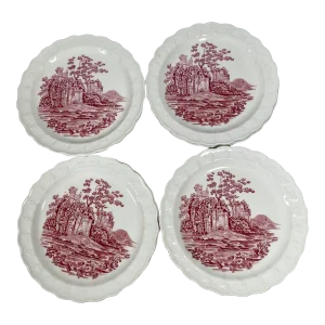 1980s Taylor Smith & Taylor Pink Castle Bread/Butter Plate - Set of 4, Dark Pink English Scenes, Garland Shape