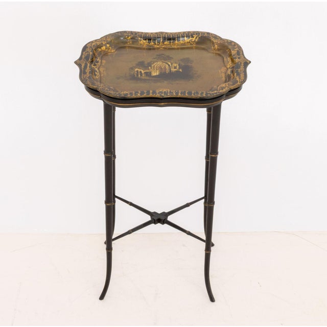 Victorian Papier Mache Tray Top Faux Bamboo Table, the scalloped tray hand-painted with abbey ruins landscape scene and...