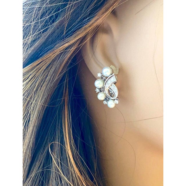 Mid-Century Modern Vintage Mid Century 14k White Gold Diamond Pearl Clip-on Earrings, A Pair For Sale - Image 3 of 8