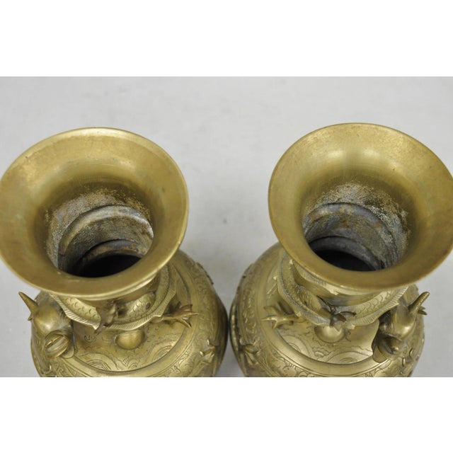 Vintage Japanese Dragon Relief Bronze Chinese 10" Oriental Flower Vase - A Pair For Sale - Image 10 of 14