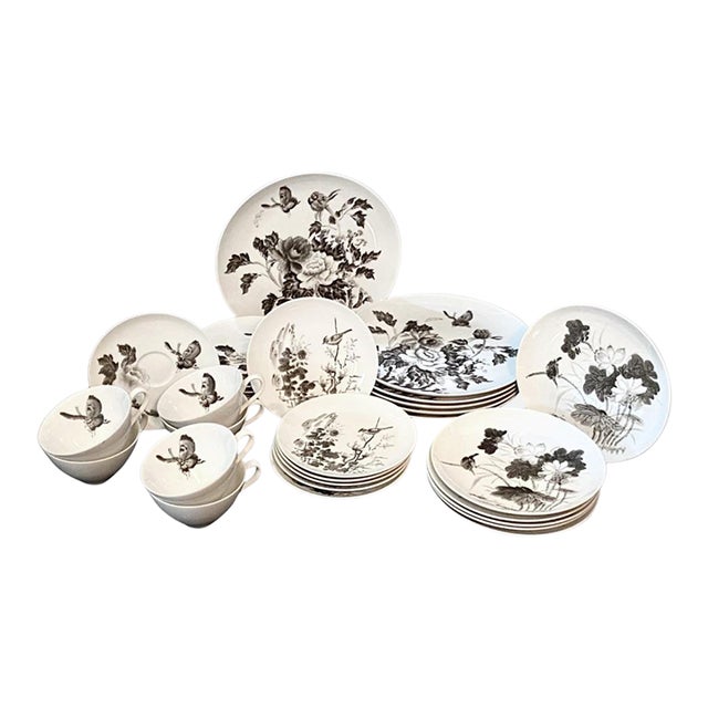 Vintage Dorthy Thorpe Mid Century Hand Painted China With Peonies, Flowers, Birds, and Butterflies. Full Service for Six. - 30pcs Spring Dinnerware For Sale