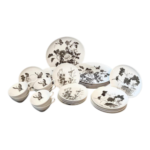 Vintage Dorthy Thorpe Mid Century Hand Painted China With Peonies, Flowers, Birds, and Butterflies. Full Service for Six. - 30pcs Spring Dinnerware