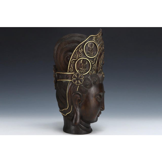 Art Deco Mid 20th Century Hand-Carved Agarwood Guanyin Buddha Head – Gilded & Polychrome Chen Xiang Wood Sculpture For Sale - Image 3 of 8