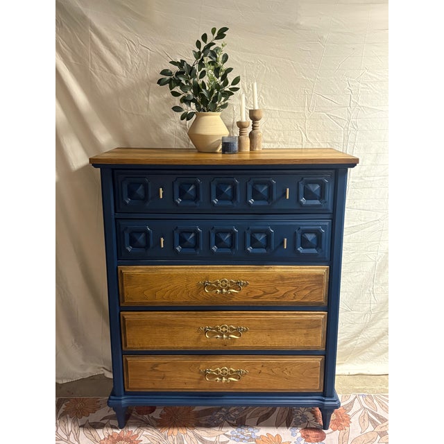 Mid-Century Modern Mid-Century Modern Deep Blue Geometric Wooden Dresser For Sale - Image 3 of 6
