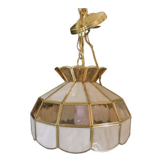 Small Vintage Mid Century Pink Slag Glass Rose Stained Glass & Brass Pendant Ceiling Light For Sale