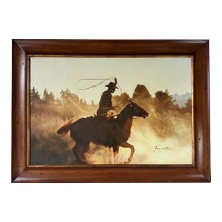 Vintage Kenneth Rustic Western Cowboy Oil on Canvas Painting – Framed For Sale