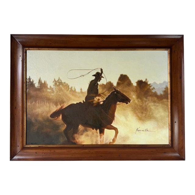 Vintage Kenneth Rustic Western Cowboy Oil on Canvas Painting – Framed For Sale
