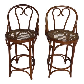 Thonet Bent Wood Caned Bar Stools - A Pair For Sale