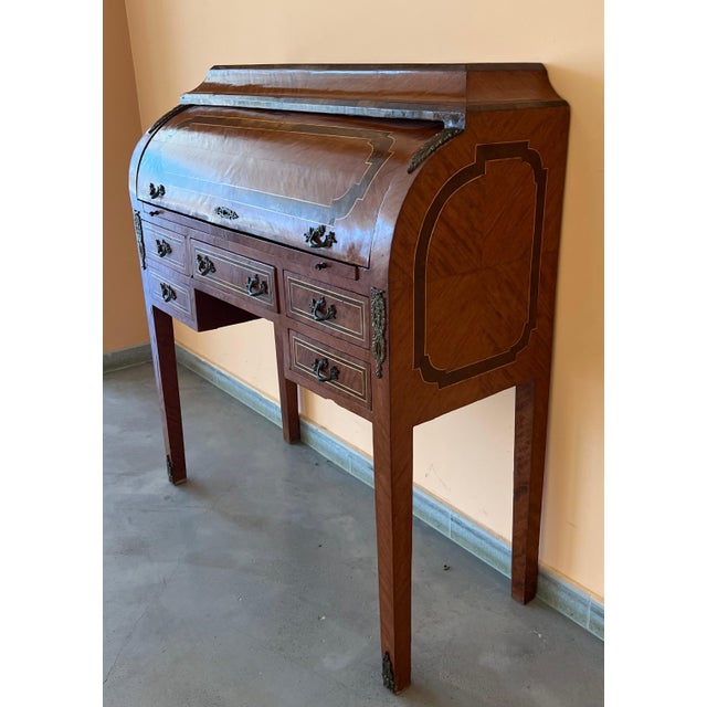 Sheraton Revival Cylinder Bureau, writing Desk with marquetry, circa 1890 For Sale - Image 17 of 18