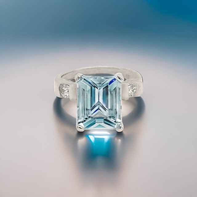 Natural Aquamarine Diamond Ring 6.25 Platinum 5.3 TCW Certified For Sale - Image 4 of 13