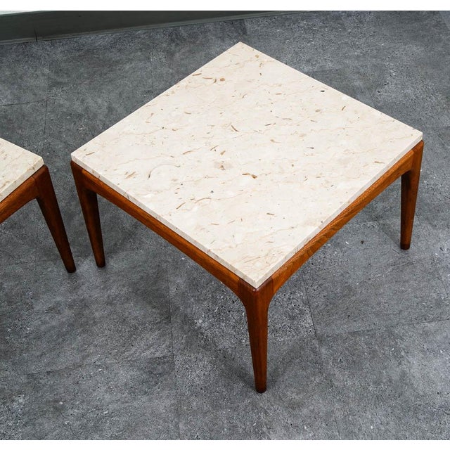 Brown Mid Century Modern End Tables Attributed to Lane Side Nightstand Set Pair Marble Square MCM For Sale - Image 8 of 12