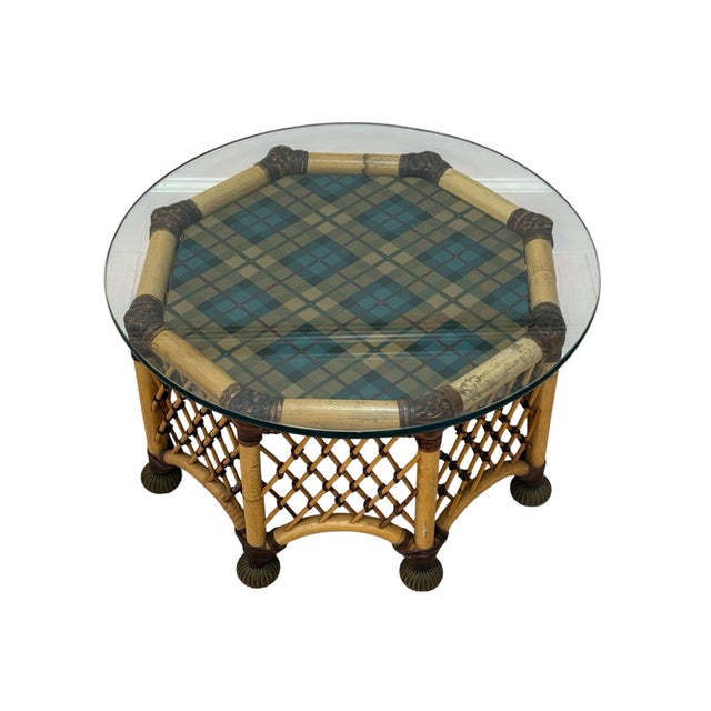 American Vintage Mackenzie Childs Rattan Leather Table For Sale - Image 3 of 9