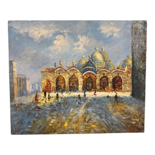 Vintage Venice San Marco Square Impressionist Oil Painting on Canvas For Sale