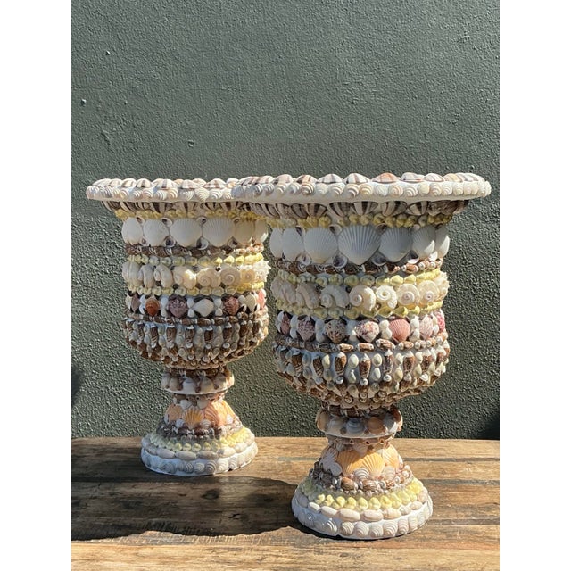 Vintage Shell Encrusted Resin Urns - A Pair For Sale - Image 4 of 12
