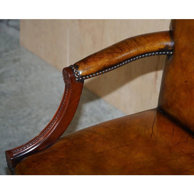 Vintage Brown Leather Oak Framed Captains Directors Armchair For Sale - Image 6 of 17