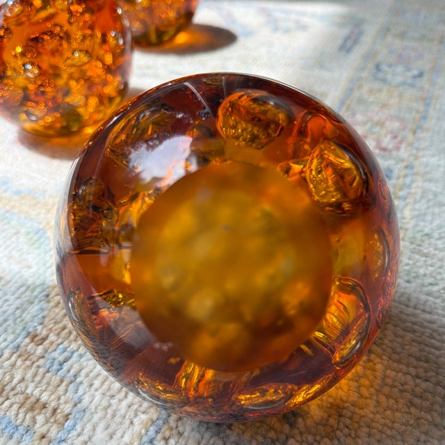 Glass Vintage Amber Controlled Bubble Art Glass Orbs – Set of 3 Murano Style Paperweights For Sale - Image 7 of 7