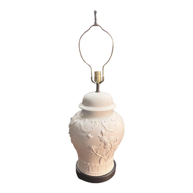 Large Vintage Chinese White Porcelain Baluster Jar Lamp With High-Relief Design For Sale