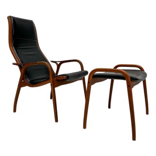 Set of Vintage Lamino Lounge Chair and Ottoman in Black Leather by Yngve Ekström for Swedese For Sale