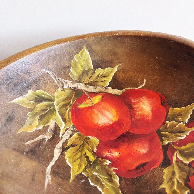 Vintage hand-painted wooden apple bowl. Beautiful hand-painted detail. Signed by artist “Pat Holloway.”