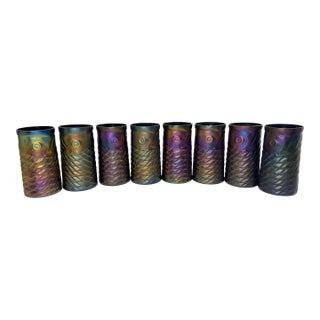 1990s John Cook Koi Fish Iridescent Cobalt Glass Tumbler Cup - Lot of 8 For Sale