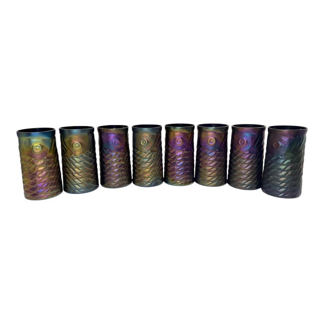 1990s John Cook Koi Fish Iridescent Cobalt Glass Tumbler Cup - Lot of 8 For Sale