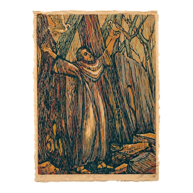St. Francis | Paint on Textile, Dated 1975 For Sale