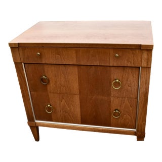 John Stuart Walnut Nightstand Mid Century Modern Vintage 3 Drawer Chest Brass For Sale