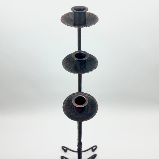 Hand Forged Iron Candelabra Set of 3 (93-113cm) Antique Copper Finish Barley Twist Stem with Socket and Drip Plate For Sale - Image 4 of 9