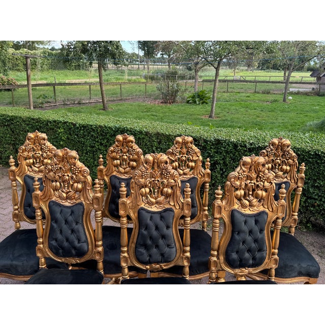 1900 Italian Baroque Rococo Gilded Beech Black Velvet Chairs - Set of 7 For Sale - Image 9 of 18