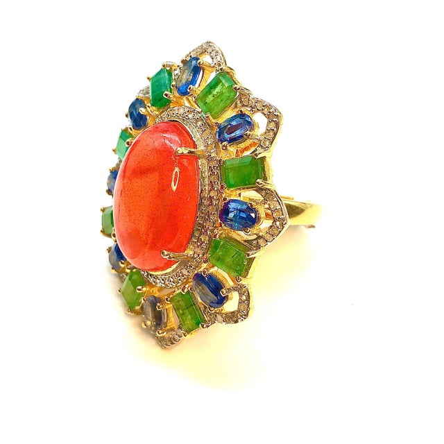Gemstone Bochic "Orient" Orange Opal, Emerald, & Diamond Ring Set In 18K Gold & Silver For Sale - Image 7 of 18