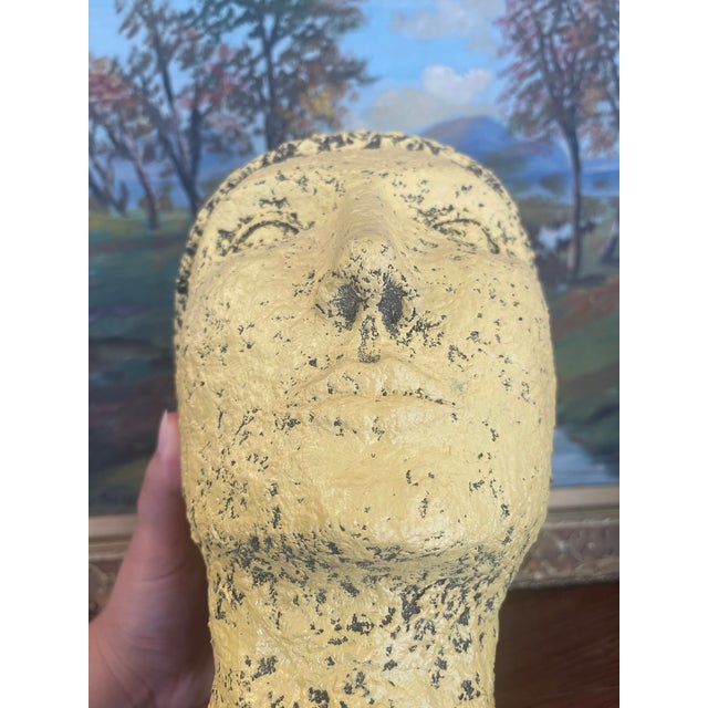 Yellow Textured Vintage Papier-Mâché Head Sculpture With Hand-Painted Detailing on Custom Stand.. For Sale - Image 8 of 9