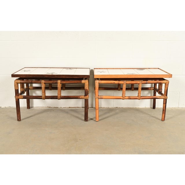 Wood John Wisner for Ficks Reed Mid-Century Hollywood Regency Bamboo Rattan Tile Top Side Tables, 1950s For Sale - Image 7 of 10