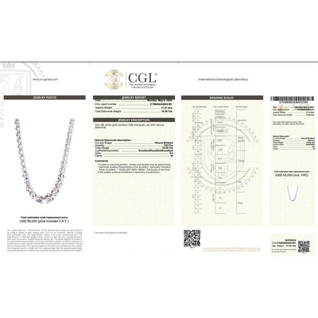 Metal 10 Carat Natural Diamond Graduated Tennis Necklace 18K White Gold 16.5 Inches For Sale - Image 7 of 7