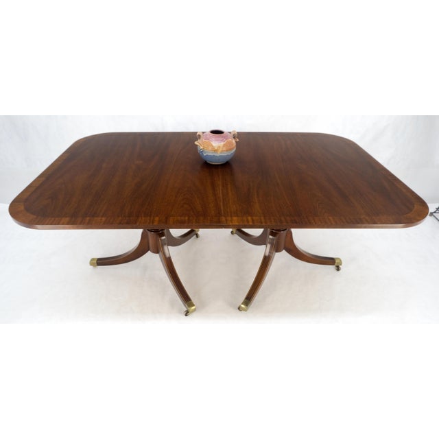 Banded Double Pedestal Tripod Base Mahogany 72" Long Dining Table 2 Leaves MINT For Sale - Image 11 of 12