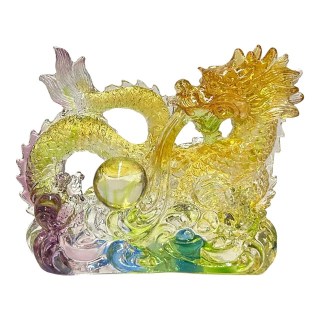 Chinese Orange Yellow Crystal Glass Dragon W Ball on Wave Figure For Sale