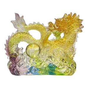 Chinese Orange Yellow Crystal Glass Dragon W Ball on Wave Figure