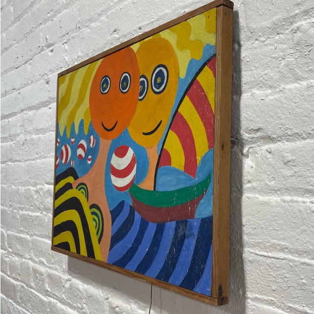 Mid-Century Modern Vintage Mid Century Modernist Folk Art Painting | Framed Original Mid Century Modern Artwork, C. 1972 For Sale - Image 3 of 13