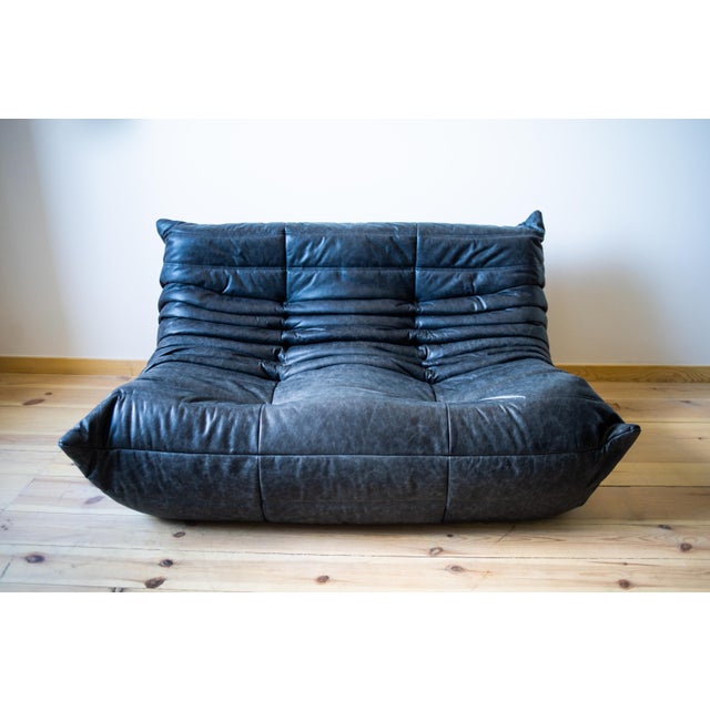 Black Leather 3-Seat Togo Sofa attributed to Michel Ducaroy for Ligne Roset For Sale - Image 5 of 9