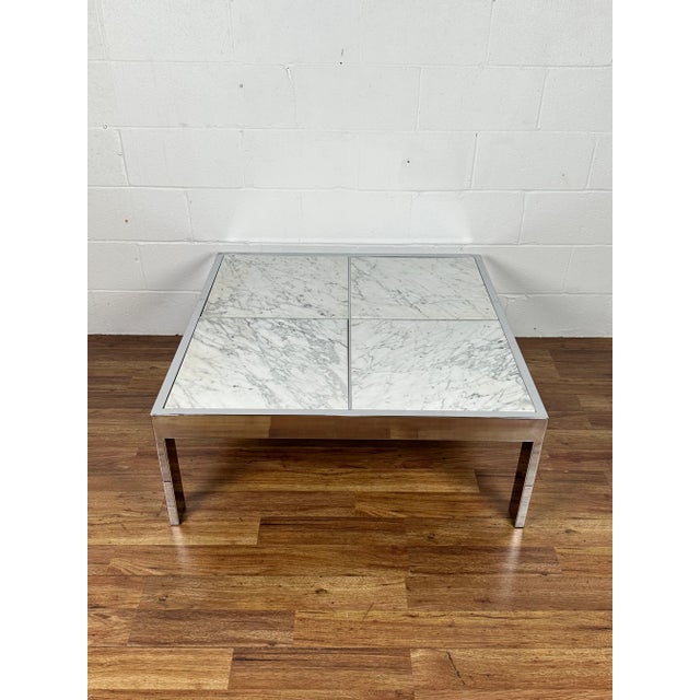 Modern 1970s Chrome & White Modern Marble Coffee Table Attributed to the Pace Collection For Sale - Image 3 of 12