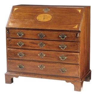 18th Century English Georgian Mahogany Secretary Desk With Floral Marquetry & Fitted Interior For Sale