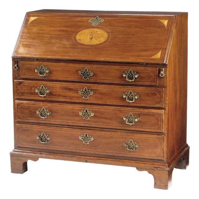 18th Century English Georgian Mahogany Secretary Desk With Floral Marquetry & Fitted Interior For Sale
