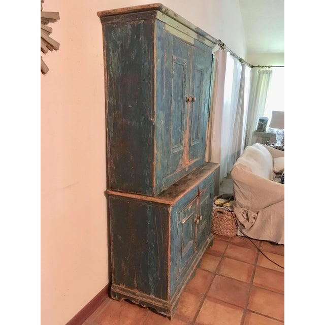 Tiffany Blue Mid 18th Century Antique Blue Step Back Cupboard For Sale - Image 8 of 9