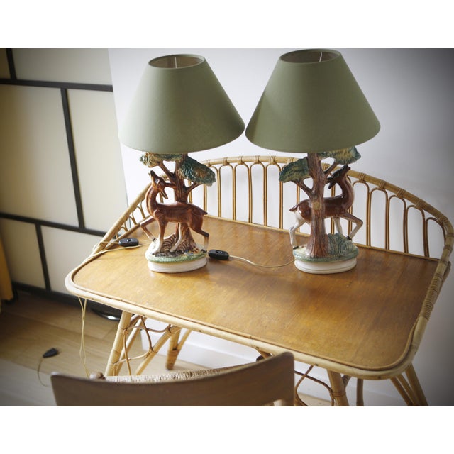 Pair of ceramic bottle lamps representing deer, handcrafted, new electricity, E27 screw socket, new lampshade. the pairs...