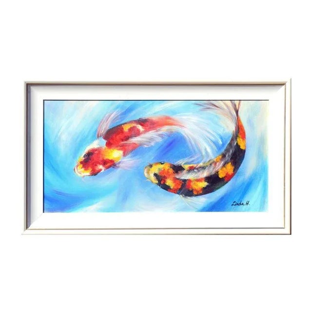 "Two Koi" Contemporary Aquatic Oil Painting, Framed For Sale